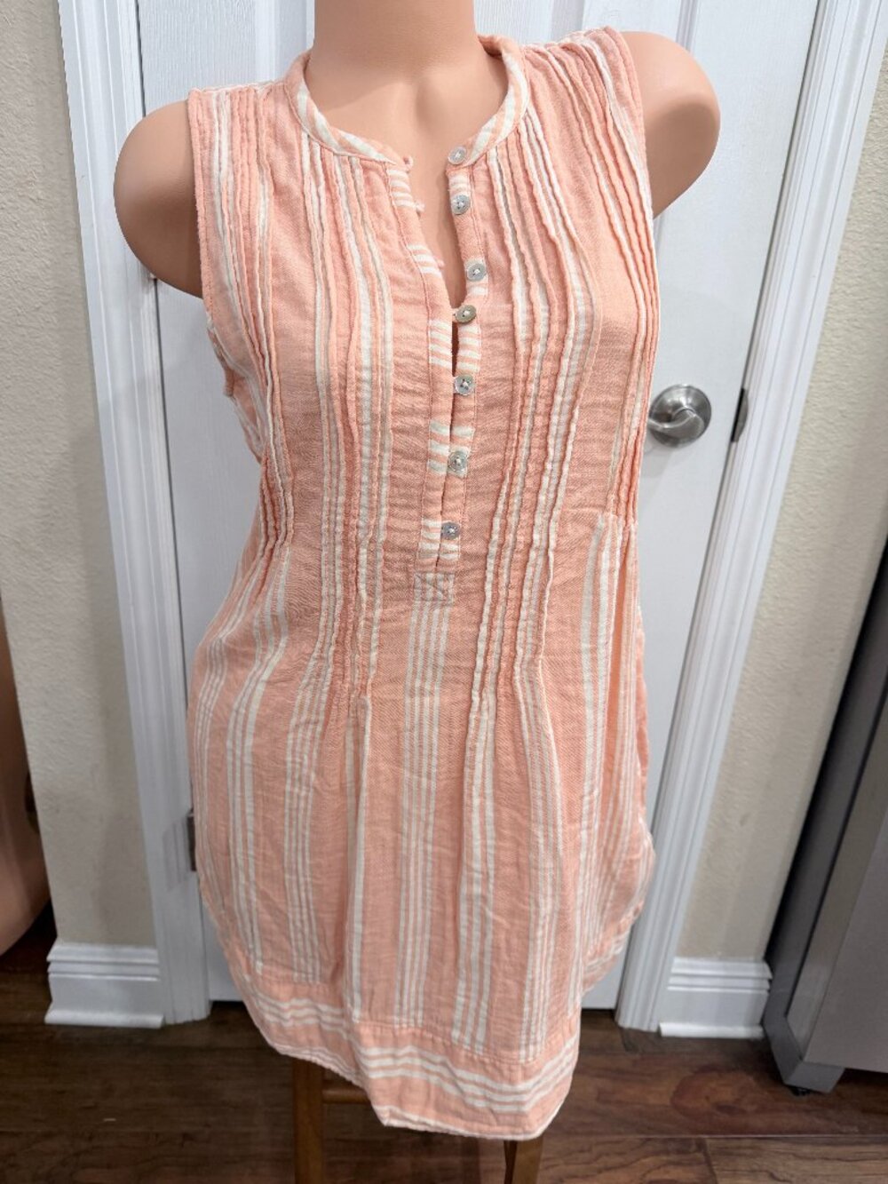 Faherty Organic Cotton Sleeveless Shift Dress Medium Peach Stripe Pintuck Pocket